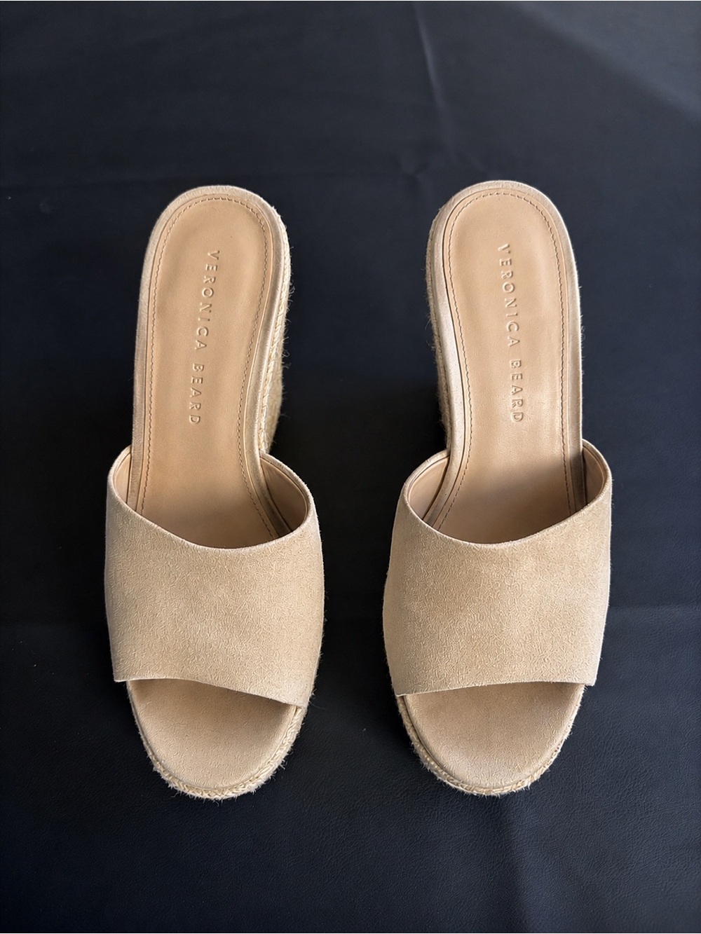 Veronica Beard Beige Suede Espadrille Wedge Slide Mules